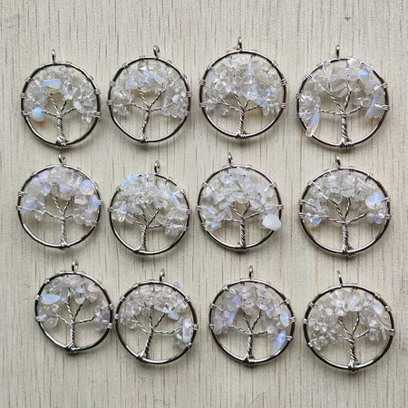 Natural Amethysts Roses Quartz Stone Handmade Wire Wrapped Tree of Life Pendants 30mm for Jewelry Marking Wholesale 12pcs/lot