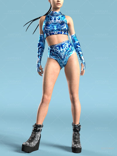 Adult Summer Role Play Bodysuit Women Sexy Hollow Sleeveless Blue Graffiti Art Swimsuit Carnival Party Stage Performance Clothes