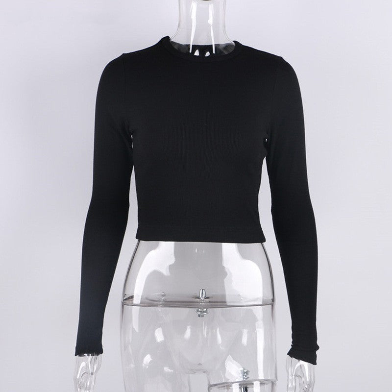 O Neck Long Sleeve Shirt Women Ribbed Sexy Cropped Tops 2024 Spring Black Casual Skinny Slim Basic Woman T Shirts White