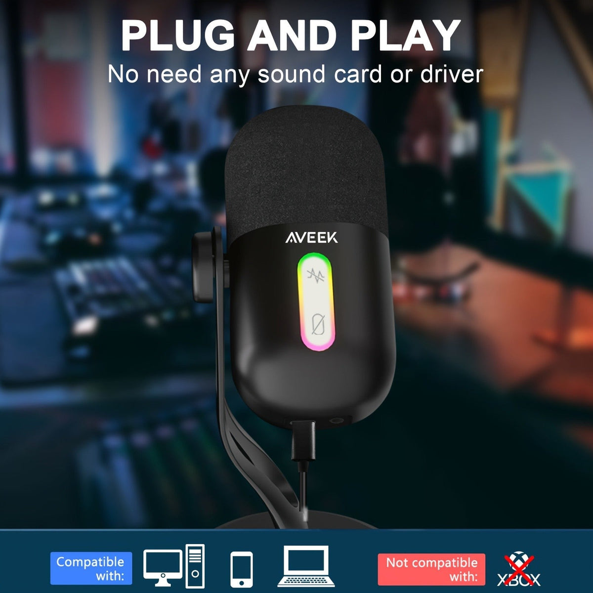 Aveek USB Condenser Microphone, Gaming Studio Microphone Mic For PC, PS4, PS5 And Mac, Tap-to-Mute Sensor, Noise Cancelling RGB
