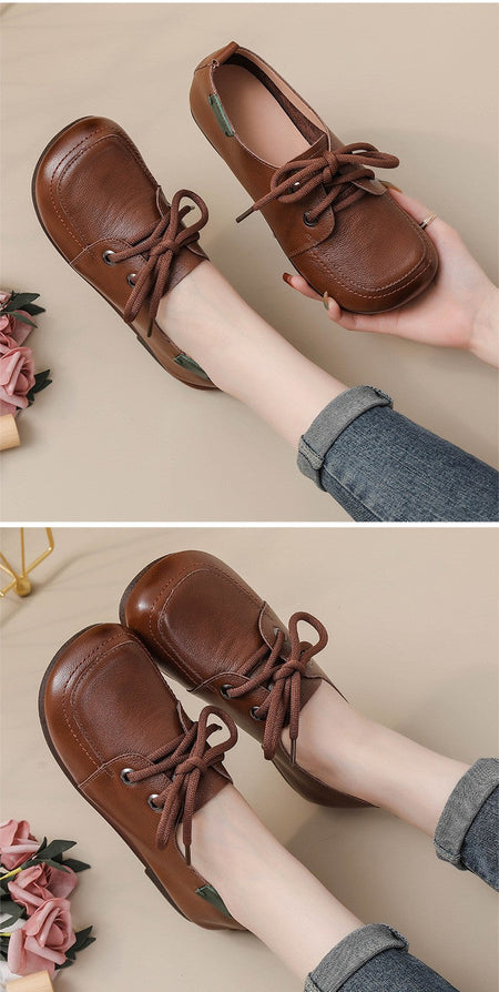Vintage Plain Oxfords Shoes Women's Genuine Leather Flats Ladies Laced Up Moccasins Elderly Woman Square Toe Driving Loaferss