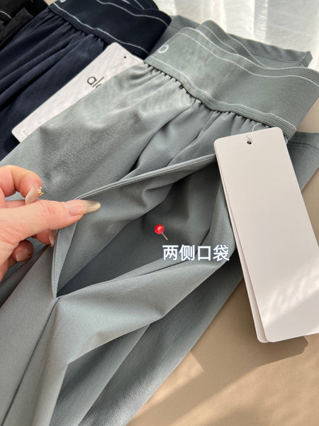 for aIo New Women's Sports Yoga Pants Wide Leg Quick Dry Elastic Waist Straight Trousers Fitness Casual Solid Black Summer Wear