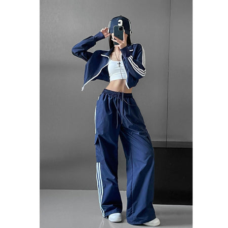 Women Casual Baggy Stripe Cargo Pants Solid Low Waist Joggers Pants Drawstring Wide Leg Baggy Trousers Y2K Streetwear Sweatpants