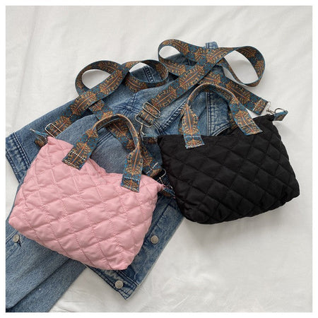 Women Wide Shoulder Belt Handbag Fall/Winter Rhombus Space Cotton Shoulder Bag Large Capacity All-Match Shopping Tote Bag