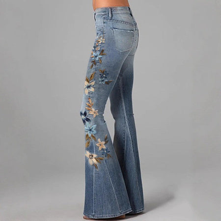 Women's Floral Embroidered High Waist Flared Jeans Vintage Boho Wide Leg Denim Pants for Party and Daily Outfits