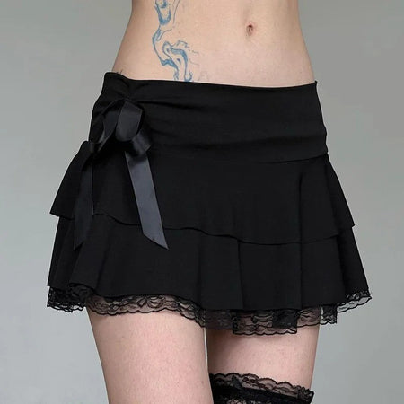 Dark pure desire spice girl style lace stitching bow skirt sexy low waist ballet A word cake mini skirt