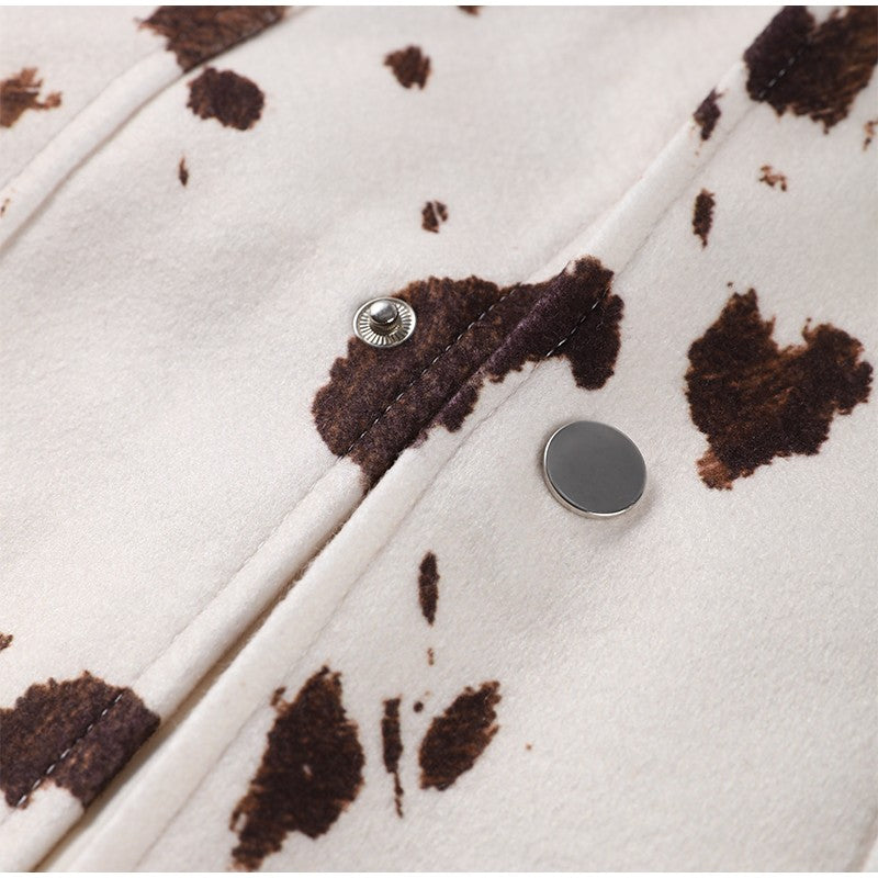 Fashion Women's Cow Print Jacket Lapel Collar Short Length Zipper Button Coats 2025 Autumn Winter Female Trendy Warm Outerwear