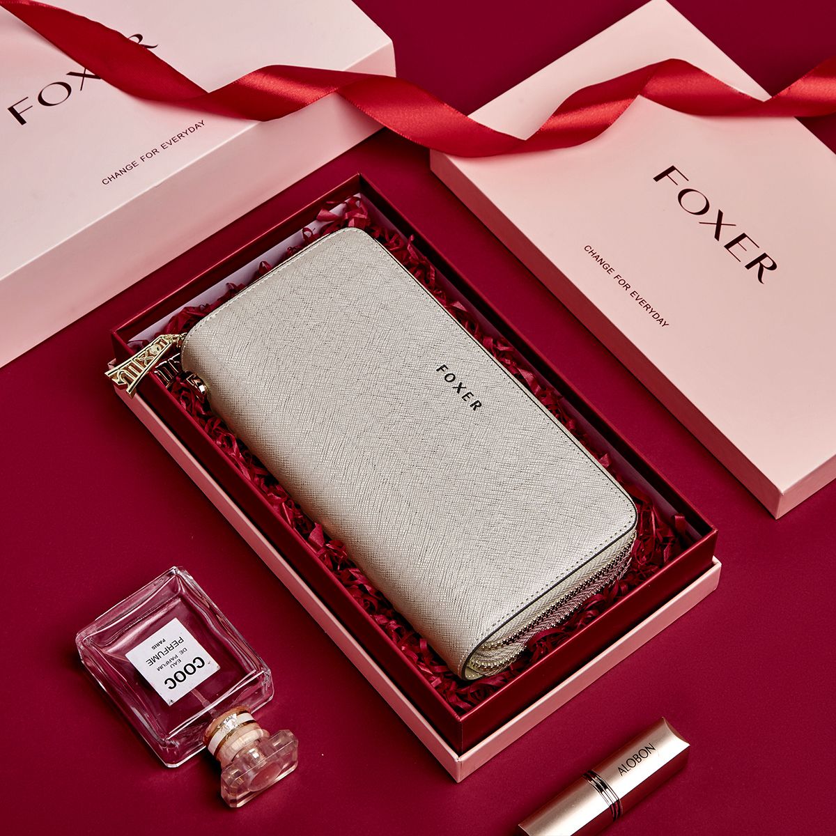 FOXER Split Leather Lady's Wallet Bifold Long Clutch Bag with Wristlet Fashion Card Holder Coin Purse Cellphone Money Bag
