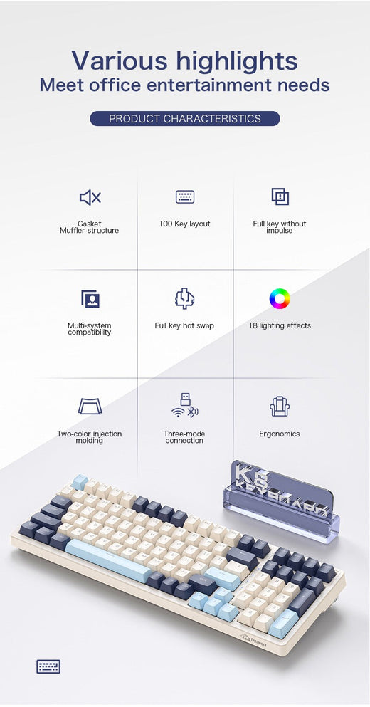 K8 100 Key Wireless Mechanical Keyboard Tri-mode Connection,Full Key Hot Swap,lighting Effects,Gasket Muffler Structure, Laptops