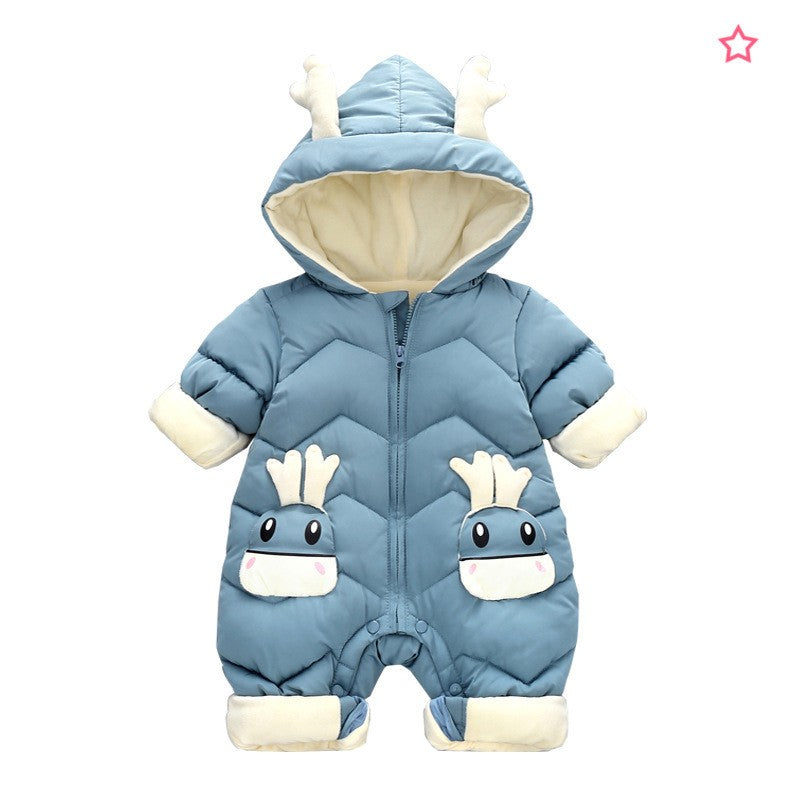 Demin-season Winter Kids Boys Rompers 2025 Cartoon Pockets Hooded Bodysuit For 0-3Y Newborn Infant Babys Boys One-piece Jumpsuit