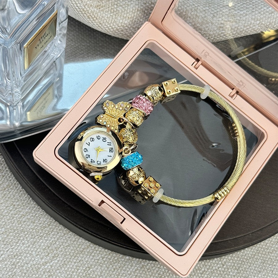 Cross-border Gold Bracelet Watch Adjustable opening Alloy bracelet Quartz Watch Beaded Small flower bracelet Watch