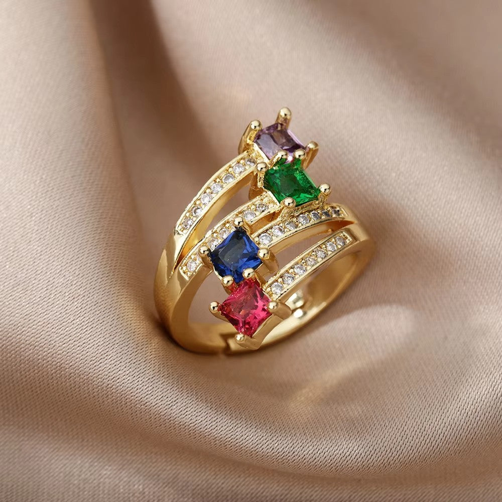 Luxury Stainless Steel Rings Gold Plated Colorful Stone Zircon Crystal Heart Ring For Women Wedding Boho Jewelry Christmas Gift
