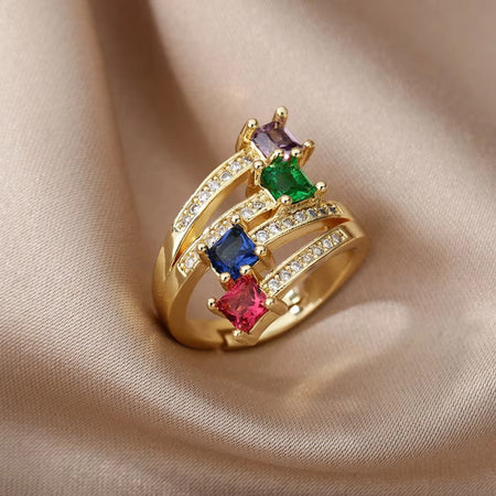 Luxury Stainless Steel Rings Gold Plated Colorful Stone Zircon Crystal Heart Ring For Women Wedding Boho Jewelry Christmas Gift