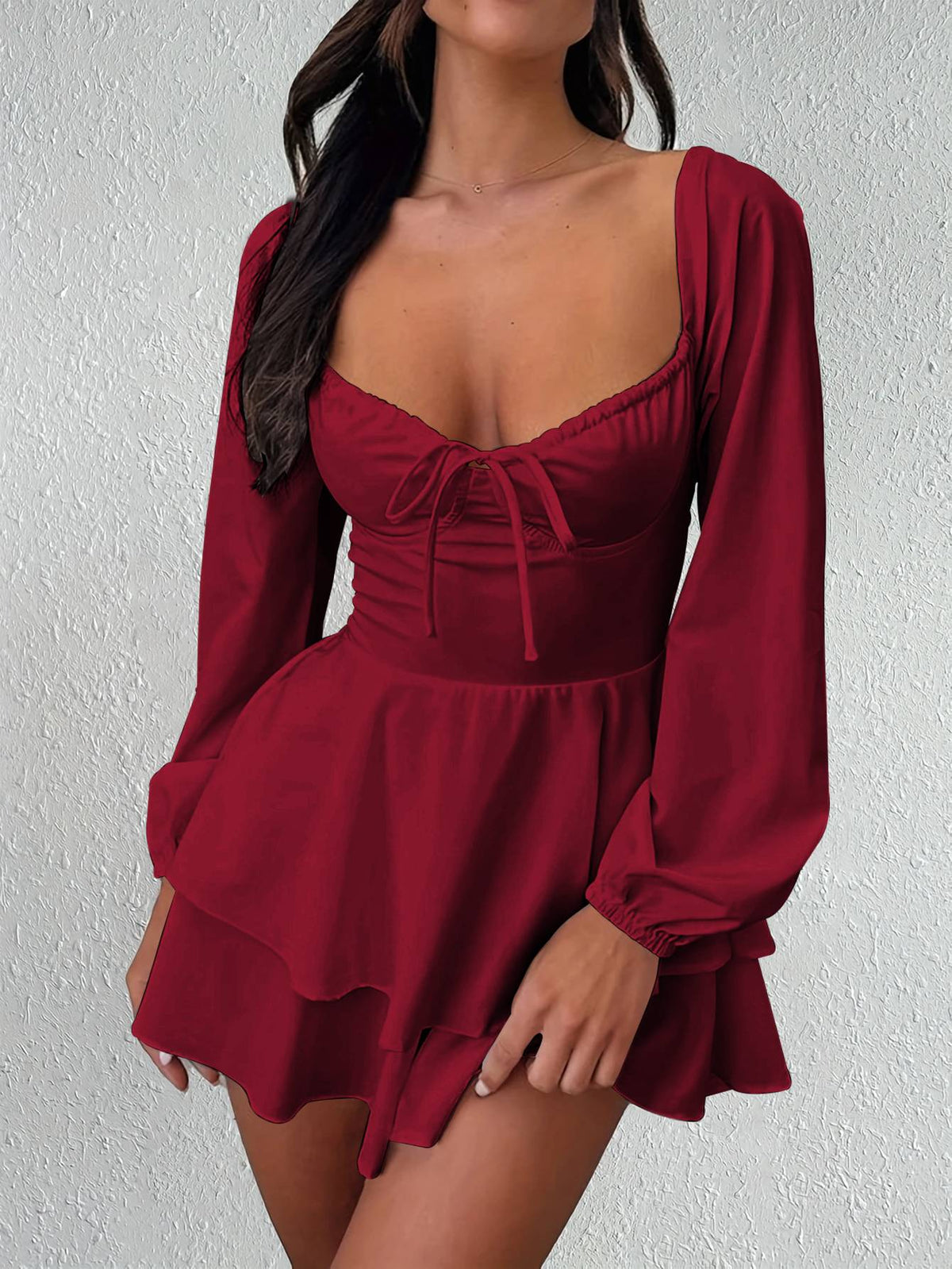 Sexy And Elegant V-neck Backless Waist Cinched Long Sleeved Dress Nightclub Party Style White Lace Up Ruffle Edge Short Skirt