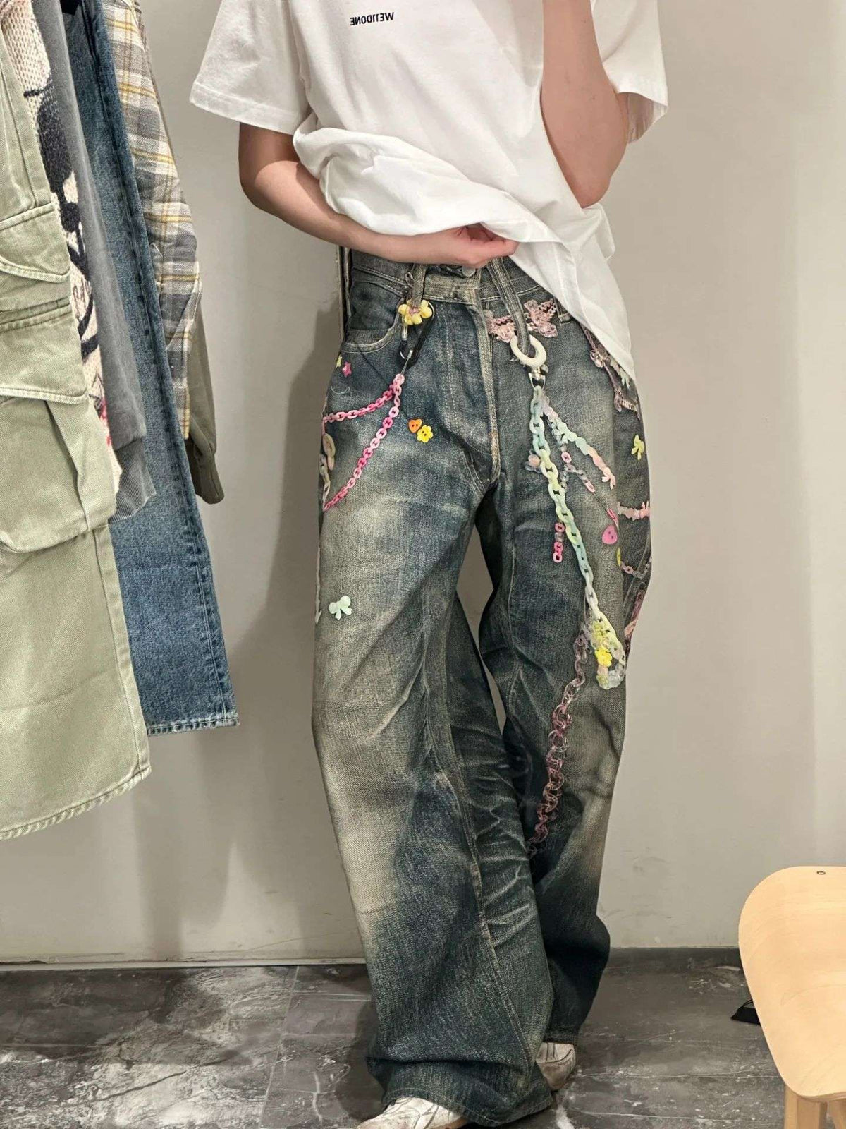 American High Street 3D Digital Print Candy Chain Weathered Knife Straight Leg Casual Jeans for Men And Women