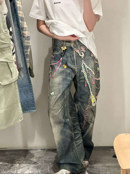 American High Street 3D Digital Print Candy Chain Weathered Knife Straight Leg Casual Jeans for Men And Women