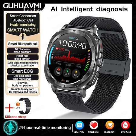 New Health Watch Uric Acid Blood Pressure Blood oxygen Body Analysis Body Fat SmartWatch ECG+PPG Bluetooth call Clock Women Men