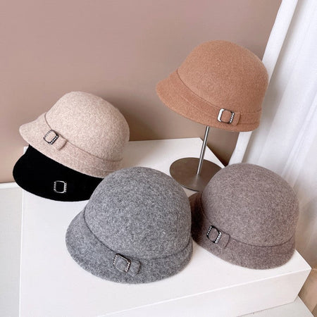 Japanese Wool Hat Women's Autumn and Winter Warm Knitted Hat Diamond Buckle Ribbon Fisherman Hat Front and Back Small Basin Hat