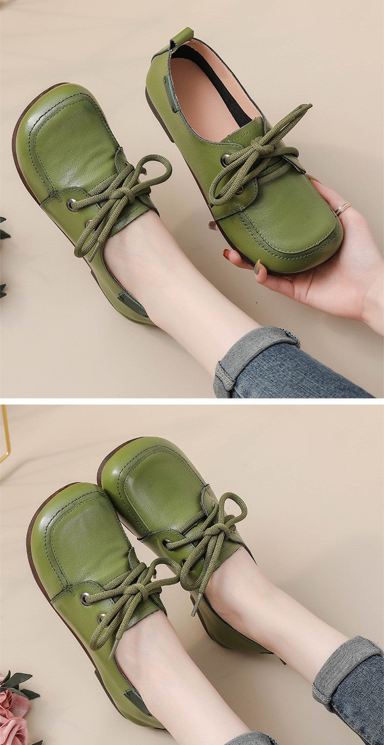 Vintage Plain Oxfords Shoes Women's Genuine Leather Flats Ladies Laced Up Moccasins Elderly Woman Square Toe Driving Loaferss