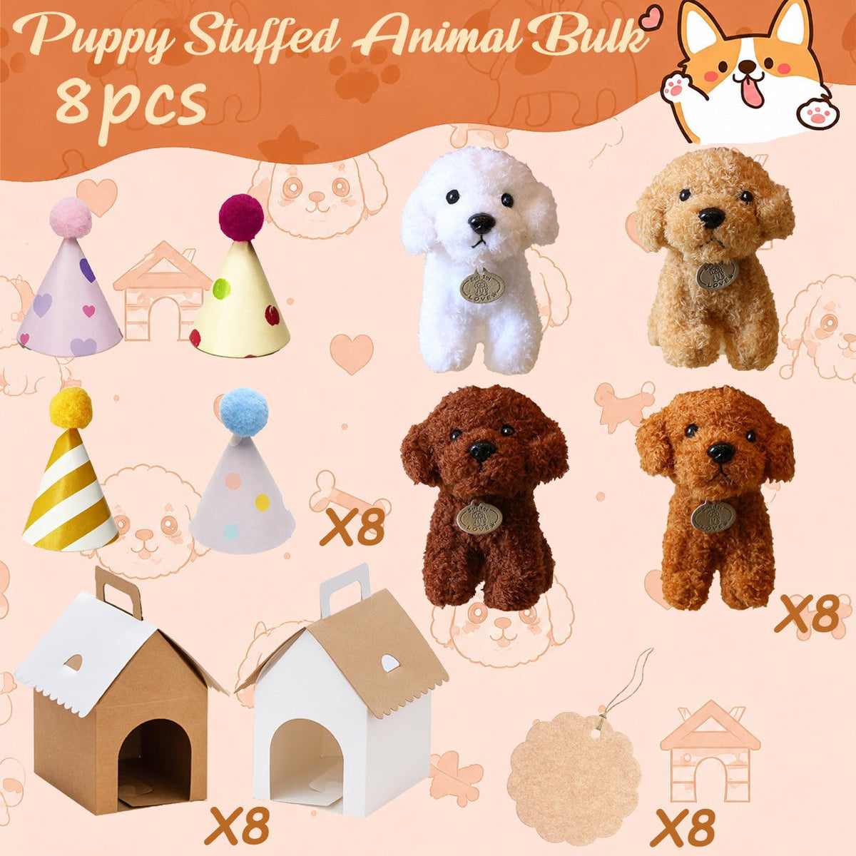 8-36Pcs Puppy Stuffed Animals Bulk Adopt A Puppy Party Favors with Card Hat Paper Boxes Birthday Stuffed Dogs Keychain for Kids