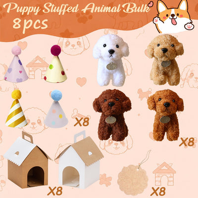 8-36Pcs Puppy Stuffed Animals Bulk Adopt A Puppy Party Favors with Card Hat Paper Boxes Birthday Stuffed Dogs Keychain for Kids
