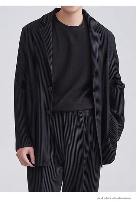 Miyake New 2025 Spring Suit Long Sleeve Pleated Pleated Men's Jacket Lapel Pleated Solid Color Fashion Loose Plisse Casual Top
