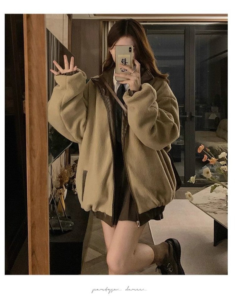 Maillard Fashion PU Leather Jacket With Lambswool Coat Both Sides Female Y2K Winter New Velvet Locomotive Cotton-padded Jacket