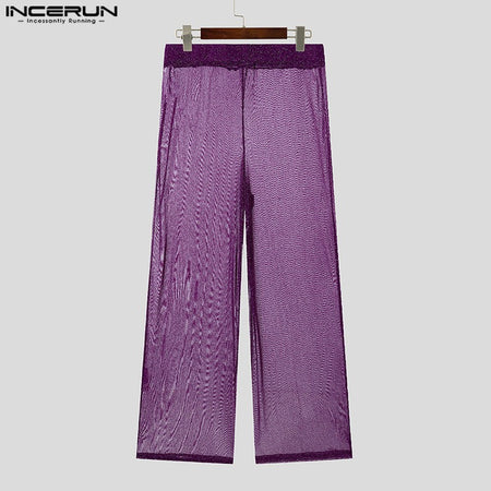 Shiny Men Casual Trousers 2024 Men Fashion Long Pnats INCERUN Elastic Waist See Through Wide Leg Bottoms Trousers Men