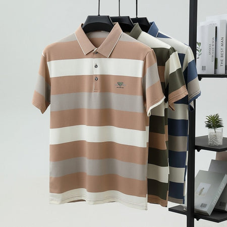 100% pure cotton fashion short sleeve polo shirt men's luxury brand embossed wide stripe color blocked summer casual lapel top