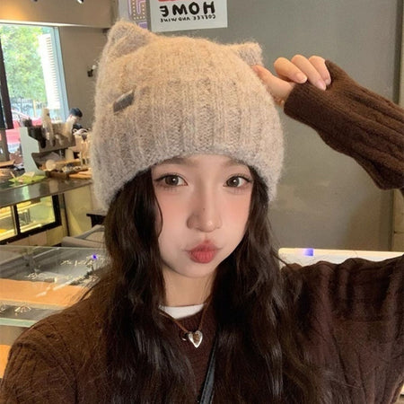 1PC Cat Ear Knitted Beanies, Cute Winter Warm Wool Hats For Women, Korean Style Fashion Headwear