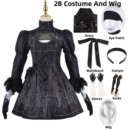 Anime Nier Automata Cosplay 9S Yorha 2B Cosplay Suit Male Women Outfit Wig Disguise Costume Plus Size Fancy Party Black Dress