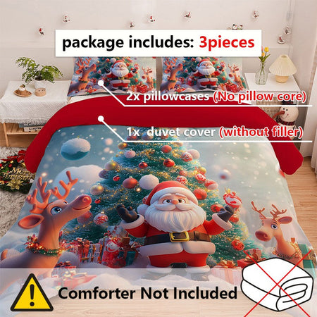 3PC Cartoon Christmas Duvet Cover Kawaii Elk Interesting Old Man Bedding set (1Duvet Cover &2Pillowcases) No filler/core
