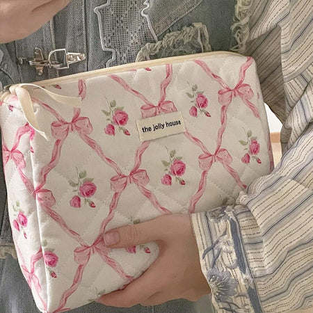 Cute Bow Flower Cloth Handbag Quilting Cotton Makeup Bag Women Zipper Cosmetic Organizer Portable Toiletry Case for Girls