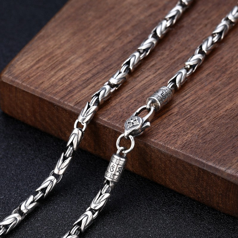 New Fashion 100% Pure S925 Silver Jewelry Retro 6MM Thick Six-Character Mantra Trendy Personality Man Necklaces