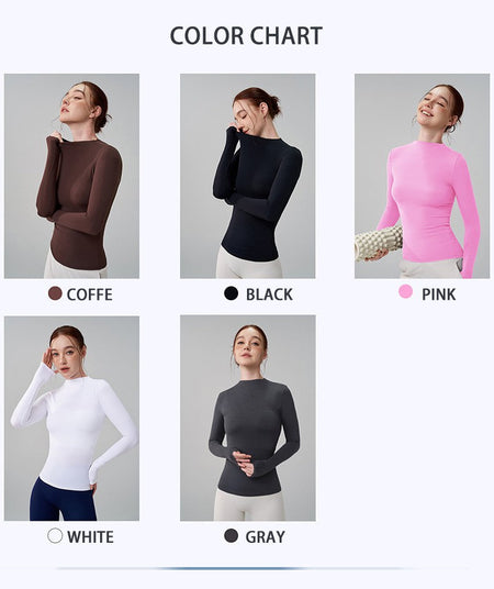 SOISOU 5 Colors Half-High Collar Slim Fit Yoga Top Women's Pilates Pullover Sports Long Sleeve High Elastic Fitness T Shirt