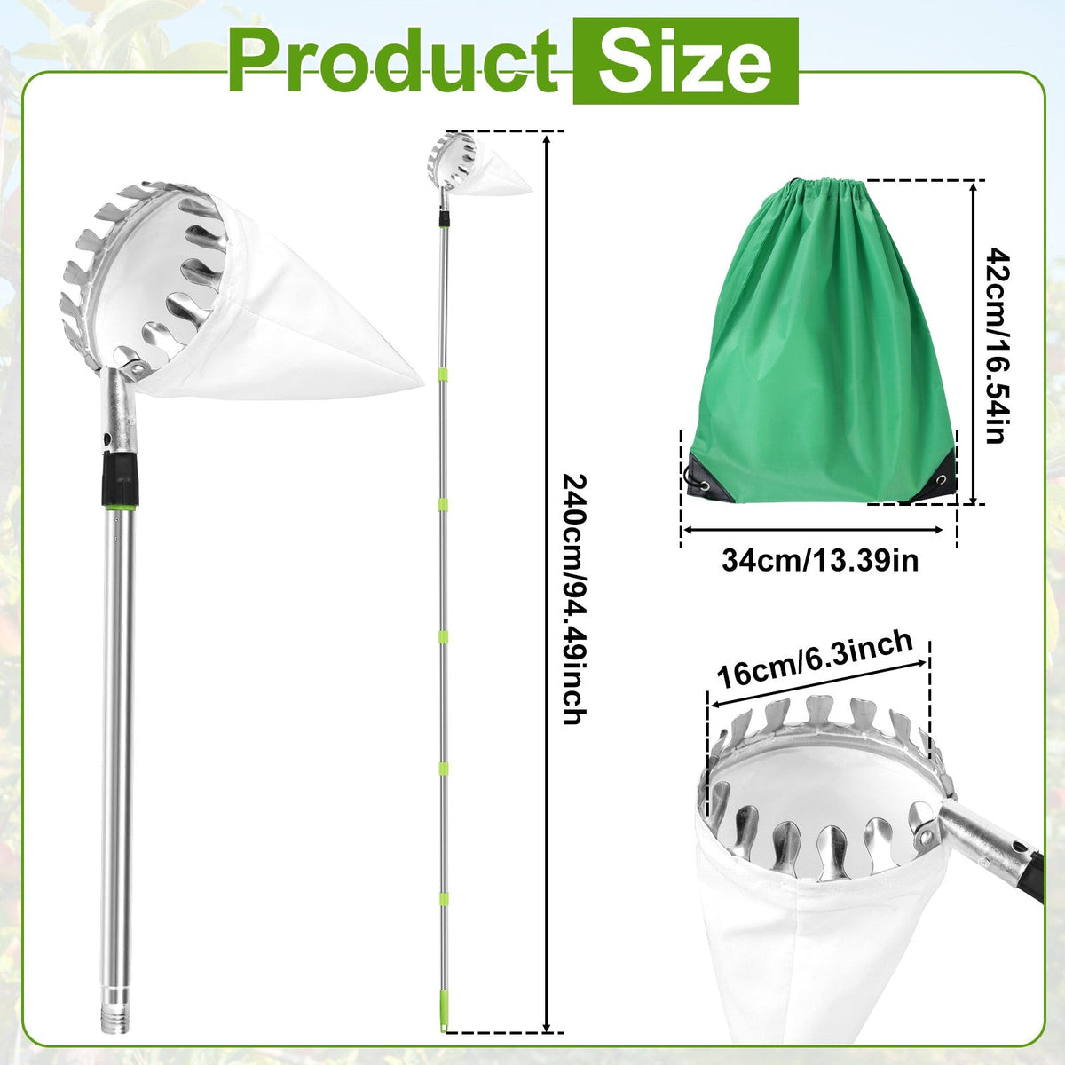 3.2M Fruit Picker Tool Metal Gardening Orchard Picking Tool with Storage Bag Fruit Catcher for Cherry Berry Orange Lemon Pear
