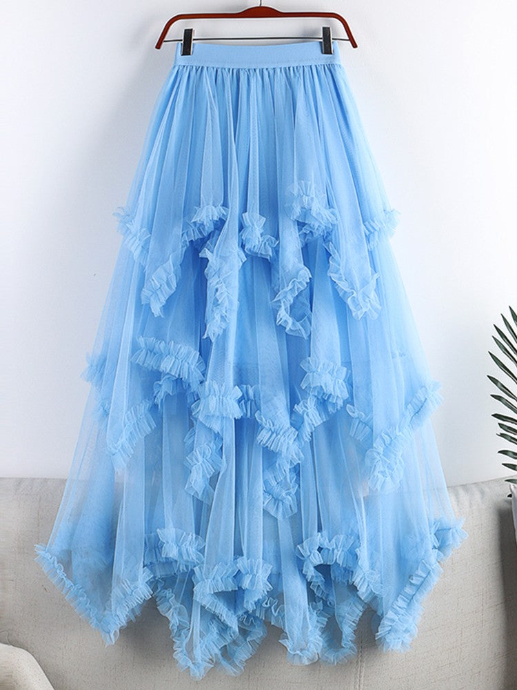 TIGENA Tutu Tulle Long Skirt for Women 2023 New Summer Korean Aesthetic Cute Irregular Mesh High Waist Maxi Skirt Female Purple