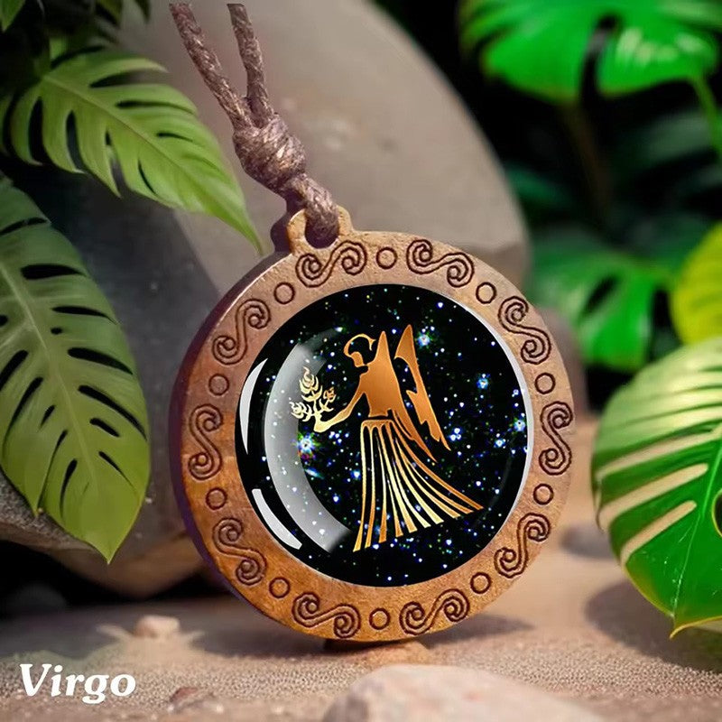Vintage 12 Zodiac Sign Glass Wooden Necklace Adjustbale Long Rope Chain Necklace Constellation Jewelry