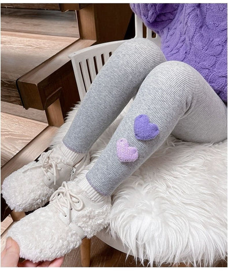 1-6Y Fleece Lined Leggings for Girls Winter Warm Bear Patch Elastic Pants Soft Kids Trousers Teenage Girls Clothing