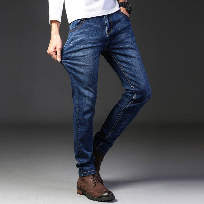 2025 Autumn Classic Men's Fitted Stretch Jeans Business Casual Cotton Denim Straight Leg Pants Male Black Blue Trousers