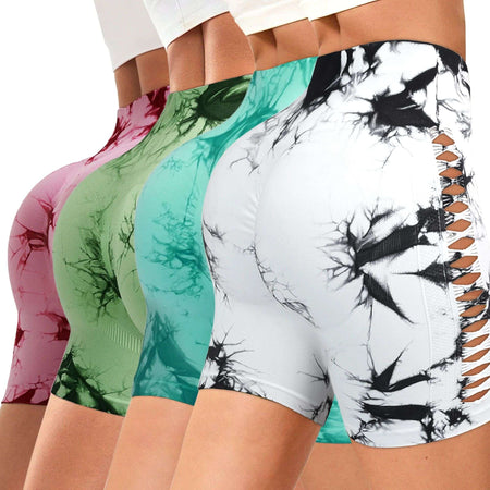 2pcs Tie Dye Mesh Yoga Pants Shorts High Waisted Hip Lifting Quick Drying Outdoor Sports Running Fitness Biker Trousers
