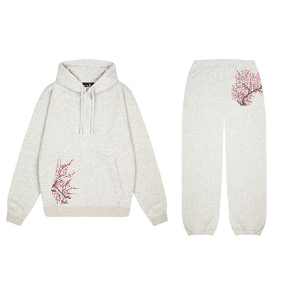 American Retro Sakura Hoodie Sweatpants Two Piece Set Y2K Mens and Womens Sportswear Fashion Casual Pullover Casual Pants Set