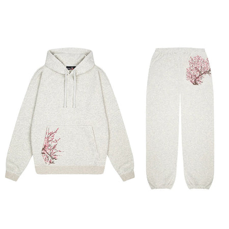 American Retro Sakura Hoodie Sweatpants Two Piece Set Y2K Mens and Womens Sportswear Fashion Casual Pullover Casual Pants Set