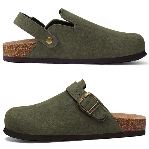 Crestar Women Cow Suede Clogs Cork Footbed Leather Mules Lady Outdoor Comfort Arch Support Potato Shoes With Adjustable Strap
