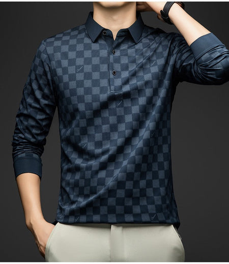 BROWON Polo Shirts for Man Autumn Business Slim Fit Long Sleeve T Shirt Men 2025 New Casual Loose Pullover Plaid Men Tops & Tees