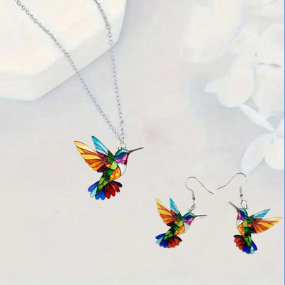 1 set of elegant and stylish acrylic colorful honey-sucking bird necklace earrings set with multi-color wing design, suitable fo