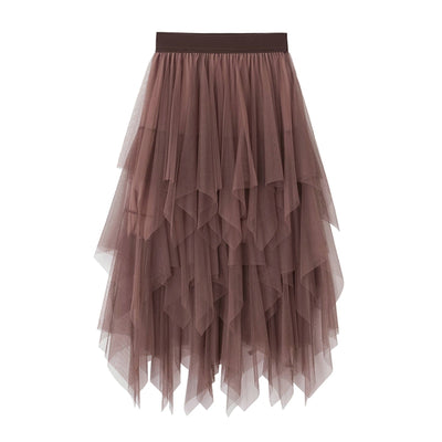 New Fairycore Lady ´s Fashionable Sexy Solid Color Mesh Skirt, Irregular Elastic Tulle Bubble Skirt, Daily Life and Vacation