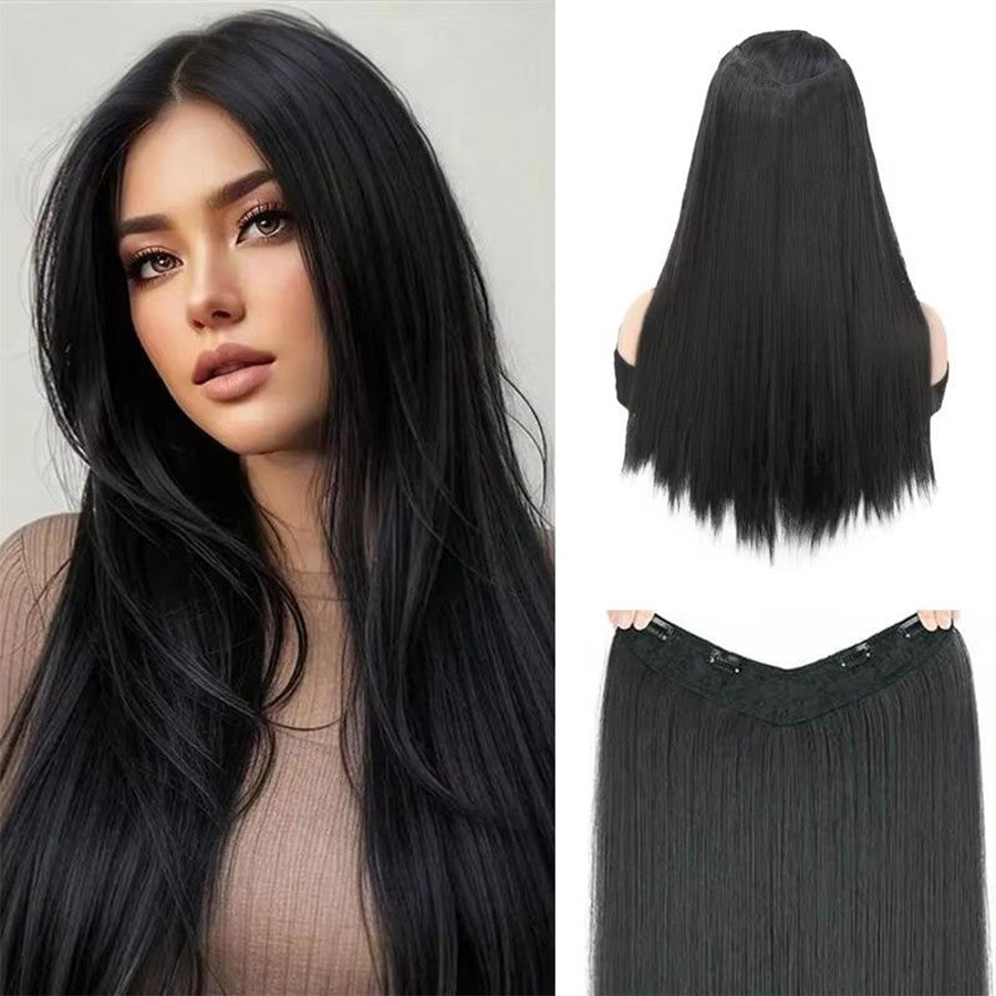 Synthetic long straight V-shaped half head wig suitable for women black brown hair clip gold black brown natural wig