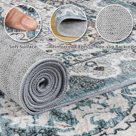 Area Rugs for Living Room, Machine Washable Vintage Rug, Non-Slip Low Pile Throw Rugs with Rubber Backing Washable Carpet