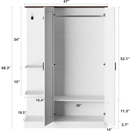 Wardrobe Closet, Modern Bedroom Armoires with 5 Shelves, 2 Doors, Large Wooden Closet Cabinet with 30W x 52H Hanging Area